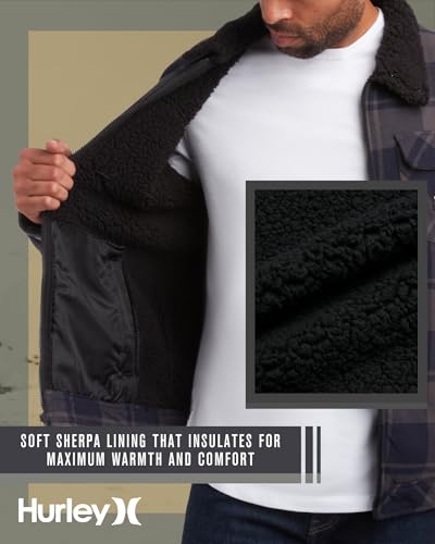 Image of Hurley Mens Flannel Jacket - Soft Fleece Plaid Sherpa Lined Flannel Trucker Jacket - Warm Winter Jackets for Men