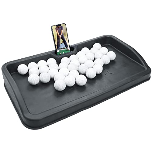 Heavy Duty Golf Ball Tray - with Cell Phone Holder Record Golf Swing - 100 Ball Capacity - High Impact Rubber Golf Tray Compatible with All Hitting Mats
