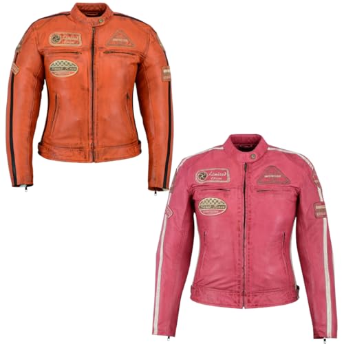 Bstarmoto Chaqueta de Moto de Cuero Para Mujer | Chaqueta de Moto Touring Chaqueta con insignias Chaqueta Protegida Rosa,Naranja (FR/ES, Letras, 3XL, Regular, Regular, Naranja)