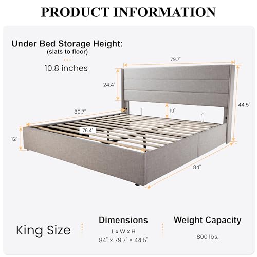 SHA CERLIN King Size Lift Up Storage Bed with Modern Wingback Headboard in Light Beige