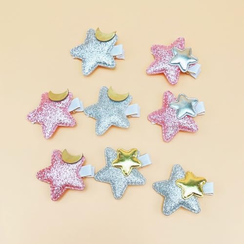 Pinzas para el cabello con diseño de estrella brillante para niñas, accesorios para el cabello infantil, 4 pares (8 piezas) en rosa y plateado