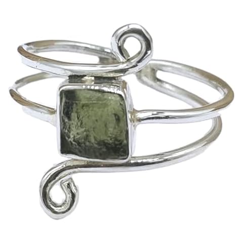 Row Natural Moldavite Ring, 925 Sterling Silver Ring, Silver Ring with Moldavite Stone, Handmade Ring, Silver Ring, Gift for her/him KOHI Ring KCM03 (9) Cover
