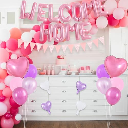Image of TONIFUL 16 Inch Pink Welcome Home Foil Letter Balloon Banner Decoration Kit
