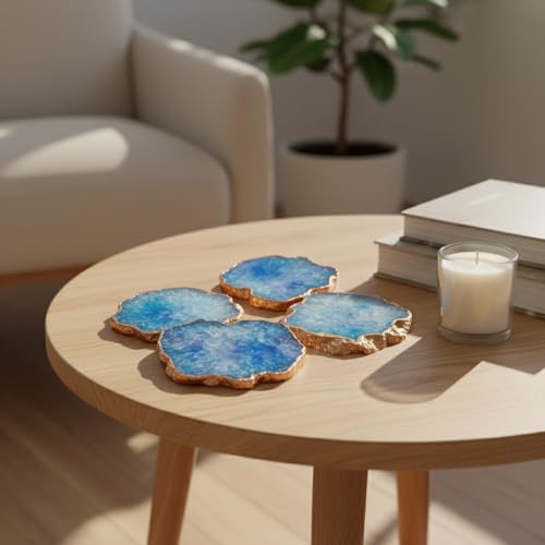 Image of Natural Agate Stone Tea Coasters Set | Premium Stone Coasters for Tea, Coffee & Glass | Heat Resistant Coasters for Dining Table, Office Desk & Home Decor | Pack of 4 | Color -Blue