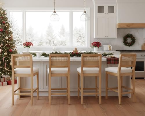 Wahson Counter Height Bar Stools Set of 4, Farmhouse Rattan Bar Stool with Back, Upholstered Wooden Barstools Mid Century Modern Breakfast Bar Chairs for Kitchen Island, Chenille Beige