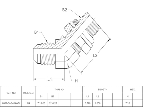Image of (2-PACK) 6802-04-04-NWO Hydraulic Hose Adapter Fitting 1 /4 inch Male JIC 37Flare(7 /16 inch-20UNF)x1 /4 inch Male Adjustable Nut O-Ring Boss(7 /16 inch-20UNF)45Elbow SAE Pipe Joints Connector Carbon Steel