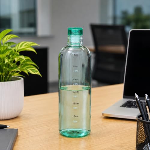Image of Borosilicate Water Bottles, H2O Fridge Water Bottle with Cap, Leak proof & Airtight Lid, Water Bottle for Office, School, College - 1000ml Bottles with Time Marker (Green)