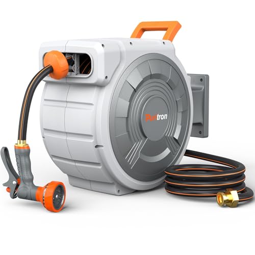 Retractable Garden Hose Reel 85 ft x 1/2 inch, Heavy Duty Automatic Garden Hose Reels, High-Flow, Any Length Lock, 180° Swivel Bracket, Brass Fitting, Wall Mount Water Hose Reel for Outside