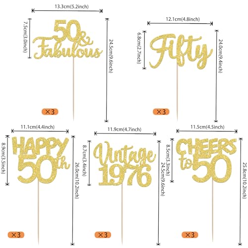 Image of 15 PCS 50th Birthday Centerpiece Sticks Fifty Happy 50th Vintage 1976 Table Flower Centerpieces Sticks Cheers to 50 Fabulous Floral Decorations for 50th Birthday Party Centerpieces Supplies Gold