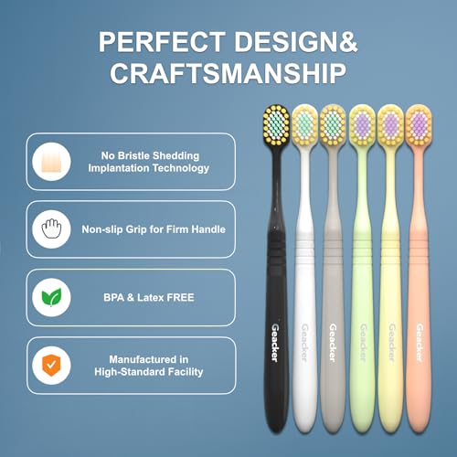 Geacker Extra weiche Zahnbürste mit breitem Kopf für Erwachsene, empfindliche Zähne und Zahnfleisch, ultraweiche Borsten, Nano-Reisezahnbürsten mit 6 Zahnbürstenabdeckungen, mehrfarbig, 6 Stück – Bild 6