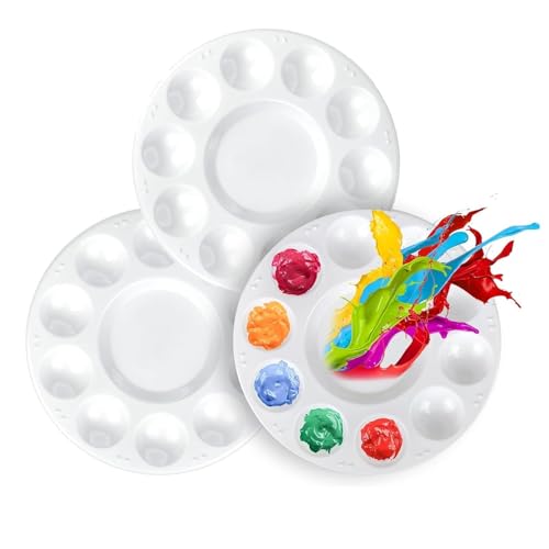 3Pcs Artists Paint Palettes, Round Paint Palette Tray with 10 Wells and 1 Central Reservoir for Watercolor Professional Art Painting DIY Craft, 6.7 Inch