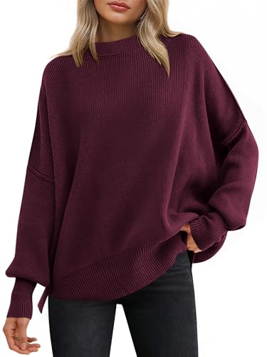 Image of ANRABESS Women Oversized Sweaters Batwing Long Sleeve 2026 Fall Outfits Crewneck Casual Knit Side Slit Fashion Pullover Top