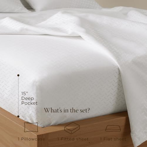Image of Threadmill 300TC Cotton Twin XL Sheet Set, Sateen, Jacquard, White, 3-Piece | 100% Cotton, Sateen Weave, Jacquard Pattern, 3-Piece Set, 16 inch Deep Pocket, Cooling, Breathable, OEKO-TEX Certified