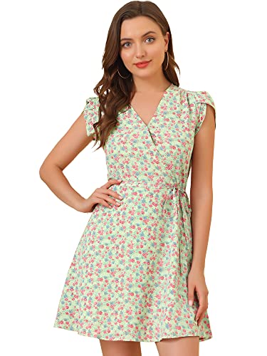 Allegra K Vestido De Manga Corta Fluido Floral con Cinturón Y Cuello En V Cruzado Bohemia para Mujer