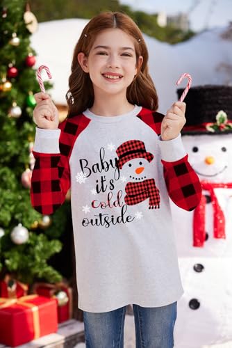 Image of BesserBay Girl's Christmas Buffalo Plaid Raglan Top Funny Holiday Graphic Shirt 4-14 Years