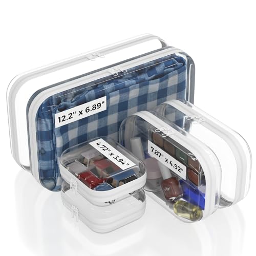 Image of Extra Durable Mini Clear Hard Shell Zipper Case 6 Pack, 2x 12" Large, 2x 8" Medium, 2x 5" Small, Clear Travel Makeup Case, Hard Plastic Toiletry & Cosmetic Bag, Zippered Make Up Organizer Pouch