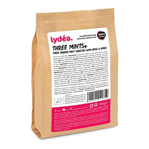 Lydea Three Mints+, Organic Herbal Tea with Three Mint Varieties, Apple, & Herbs, Loose Leaf Herbal Tea, 150 g Sachet Cover