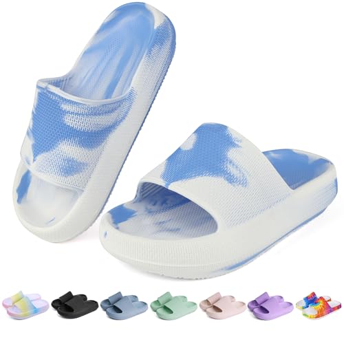 OUYADU Kids Cloud Slides Boys Girls Flip Flops Slip On Beach Sandals Youth Pool Shower Shoes EVA Summer SlippersLigature Dyeing Blue 5 Big Kids
