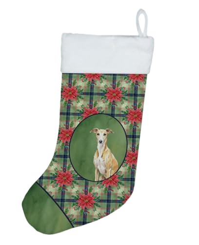 Caroline's Treasures Fawn Whippet Christmas Poinsettas Holiday Stocking Double-Sided Print, Polyester Suede,11x18, Made in USA