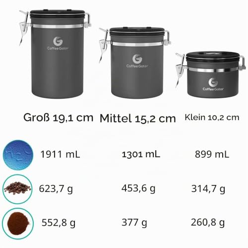 Coffee Gator Kaffeedose Edelstahl, Luftdicht Vorratsdose mit Deckel, Datum Tracker, CO2-Freigabeventil, Messlöffel, für Kaffeebohnen… – Ansicht 5