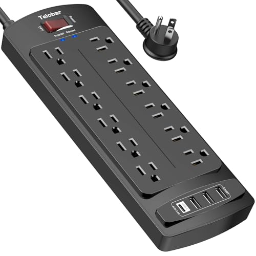 Surge Protector Power Strip, Teiobar 12 Outlets and 4 USB Ports, 6 Feet Extension Cord for Home, Office, Dorm Essentials, 2700 Joules, ETL Listed, Black
