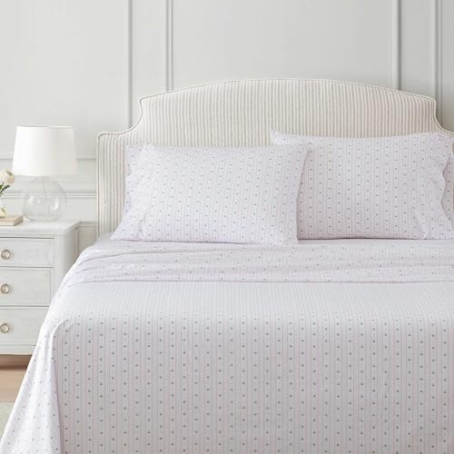 Image of Martha Stewart - Full Size Sheet Set, Crisp & Tailored Sheets with a Smooth Cotton Percale Feel - Floral Bed Sheets with Matching Pillowcases & Fitted Sheet (Floral Stripe Pink)