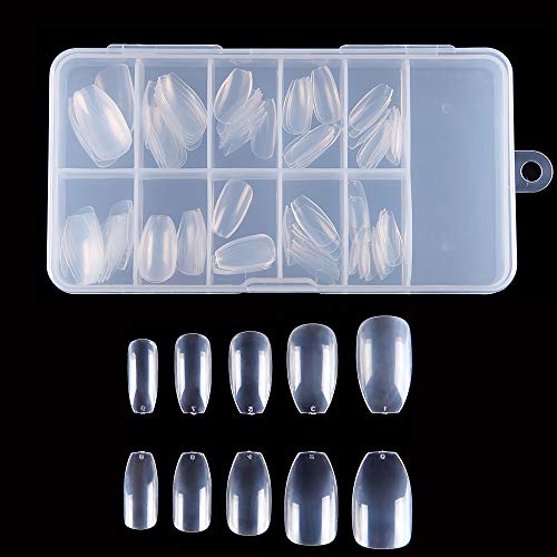 Coffin Nails 100Pcs Short Fake Nails Acrylic False Nail Tips Full Cover Artificial Ballerina Nail With Box.(Coffin-Clear)