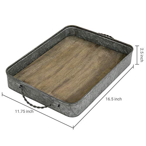 MyGift-Rustic-Silver-Galvanized-Metal-Large-Serving-Tray-with-Handles-and-Solid-Wood-Base-Decorative-Farmhouse-Tray-Decor MyGift Rustic Silver Galvanized Metal Large Serving Tray with Handles and Solid Wood Base Decorative Farmhouse Tray Decor