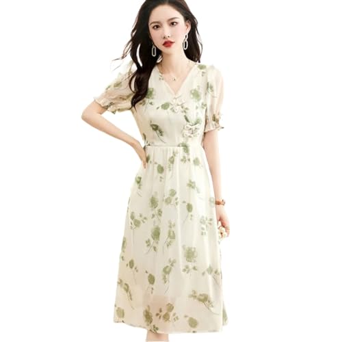 Robe d'été vintage col en V manches courtes, robe longue fleurie en mousseline