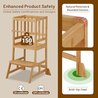 COSYLAND Toddler Standing Tower - Adjustable Height Toddler Kitchen Stool Helper - Kids Kitchen Step Stool for Learning with Removable Safety Railing Natural
