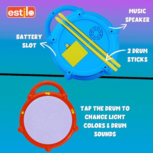 Image of Estilo Musical Flash Drum with 3D Lights | Sound Instrument Educational Toy for Children, Purple, Cartoon Theme, 3 X AA Battery Operated (Not Included) | Sound Toy for Boys & Girls 3+