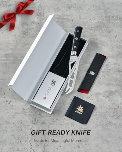 Image of KYOKU 5 in. Serrated Cheese Knife, Samurai Series Cheese Slicer with Hollow Blade Pakkawood Handle, German 1.4116 Stainless Steel Full Tang Knife for Hard Cheese with Protective Sheath & Gift Box