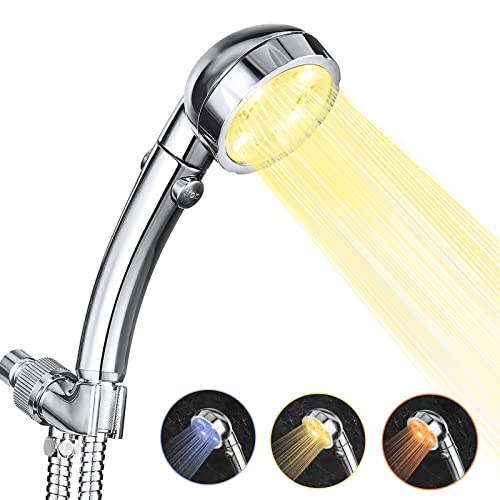Tikea LED Shower Head Set with 58 inches Stainless Steel Hose and Adjustable Bracket, High-Pressure Water Saving Handheld Showerhead - LED Color Changes with Water Temperature