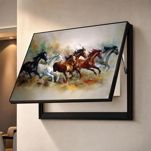Image of Electric MCB Box Cover Frame With Hydraulic Decorative White 6 Running Horse Painting Electrical Panel box Cover, Switch Box Frame Will Fit Max 15x20 inch Switch Board, Outer Box Size 17X23 Inch