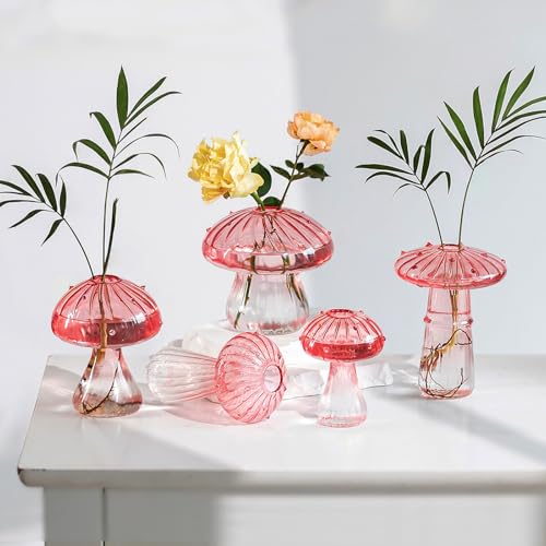 Hewory Kleine glazen vaas: schattige decoratieve paddenstoelen, soliflora set van 5 roze – fles voor een roos, tafelcentrum, woondecoratie