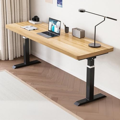 DKPLOE パソコンデスク 手動昇降式 ゲーミングデスク コンピューターデスク 高さ調整61-90cm 厚さ32mmの無垢材天板 安定した構造 人間工学 机 pcデスク 学習机 組み立て簡単 図書館 書斎 オフィス インターネットカフェに最適(ウッド+ブ