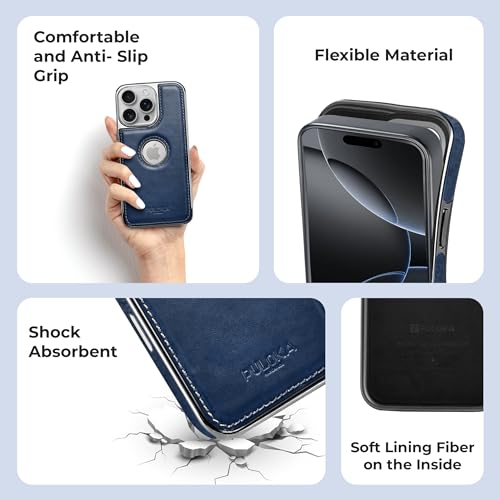 Image of PULOKA Chrome Leather Back Case - Compatible with iPhone 16 Pro- Luxury Bumper Case - Flexible Vegan Leather - Electroplated Sides & Logocut - Full Camera Protetection & Raised Edges - Blue