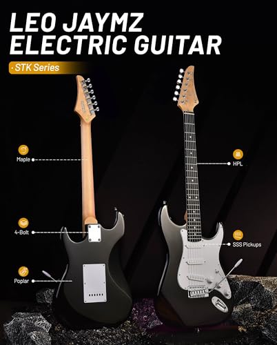 Image of Leo Jaymz Beginner Electric Guitar 39 inch Kit with Portable Amplifier, Padded Gig Bag, Digital Tuner，Capo，Strap，Picks，Classic SSS Pickups(Black-SSS)