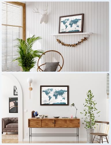 Image of IPIC - Personalized World Map Canvas Wall Art, Push Pin Map with Custom Names to Track Your Travels, Vintage Teal Framed Wall Decor for Home, Office, Living Room or RV, Ready to Hang