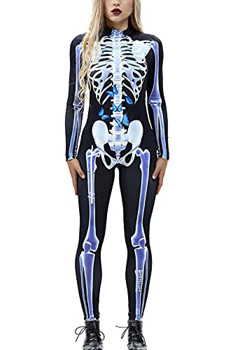 AIDEAONE Womens Hi-Neck Skeleton Bodysuit Full Body Curve Unitard Zip up Stretchy Halloween Day of Dead Jumpsuit L