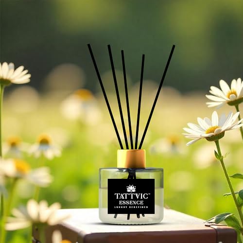 Image of Chamomile Reed Diffuser Set by Tattvic Essence | 6 Fiber Reed Sticks Free | Stress Relief & Aromatherapy | Long-Lasting, Smoke-Free Air Freshener for Bedroom & Bathroom| Ideal for Gifting | 120ml
