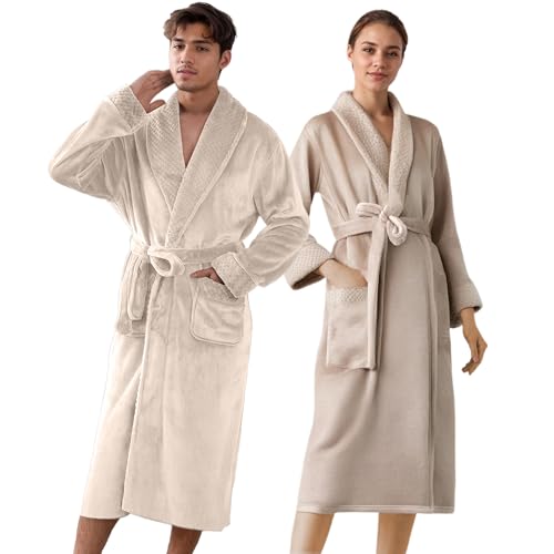 BESCH Albornoz Unisex de Franela para Hombre y Mujer Ultra Suave, Cálida con Bolsillo y Cinturón - Bata de Casa Polar Térmica Ligero, Acogedora (Beig, M/L)