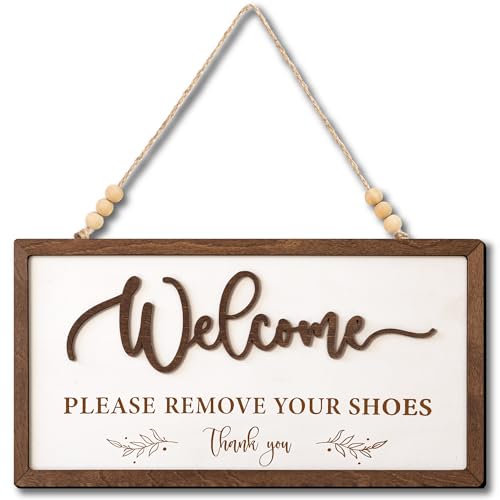 Image of Woodamore Welcome Please Remove Your Shoes Sign - Please Take Your Shoes Off Sign for Front Door, No Shoe Signs for House, Take Off Your Shoe Signs for home