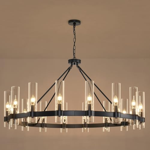 48 Inch Black Wagon Wheel Chandelier with Glass Shade, 16-Lights Black Farmhouse Chandeliers for...