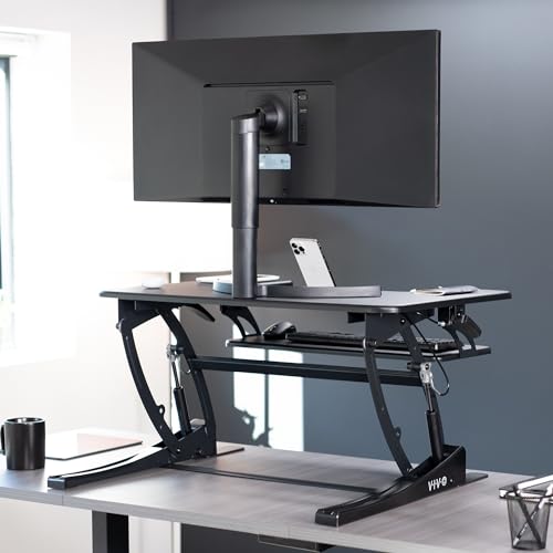 Image of VIVO Black 32 inch Standing Desk Converter, DESK-V000VS | Height Adjustable, Stand Up Desk Riser, Wide Keyboard Tray, Dual Monitor and Laptop Workstation, Black Frame, V Series