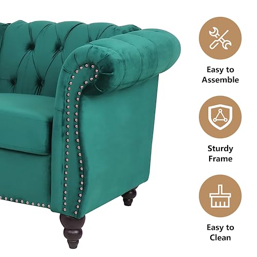 Image of QHITTY Accent Large Sofa, Chesterfield Couch 3 Seater Modern Velvet Couch Upholstered Sofa with Tufted Back for Living Room Furniture (Green)