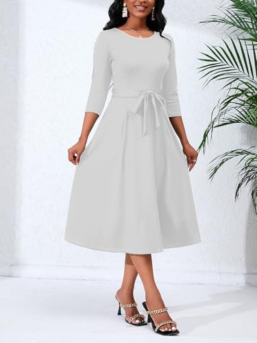 Image of PerZeal Women's Caual Midi Dress 3 /4 Sleeve Crewneck A-line Swing Dress for Women with Belt for Wedding Guest & Cocktail Party White Medium