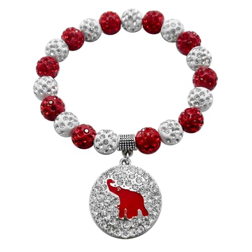 Image of Sisterhood Jewelry DELTA Sorority Society Round Rhinestone Elephant Pendant Red White Bead Bracelet