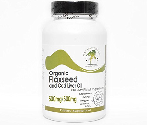 Organic Flaxseed 500mg and Cod Liver Oil 500mg (Emulsified Dry) ~ 200 Capsules – No Additives ~ Naturetition Supplements