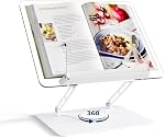 HAUTOCO Adjustable Acrylic Book Stand for Reading, 360° Rotating Base, Foldable Desktop Book Holder with Elastic Page Clips, Hands-Free Cookbook Stand for Laptop, Tablet, Recipe, Textbook, Music Score